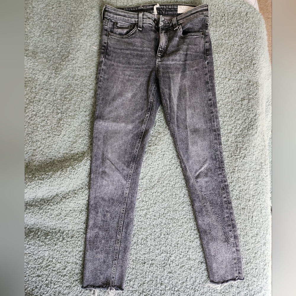 Rag & Bone Cate Mid-Rise Ankle Skinny Jean- Distressed Dark Grey with Raw Fringe - Picture 3 of 7